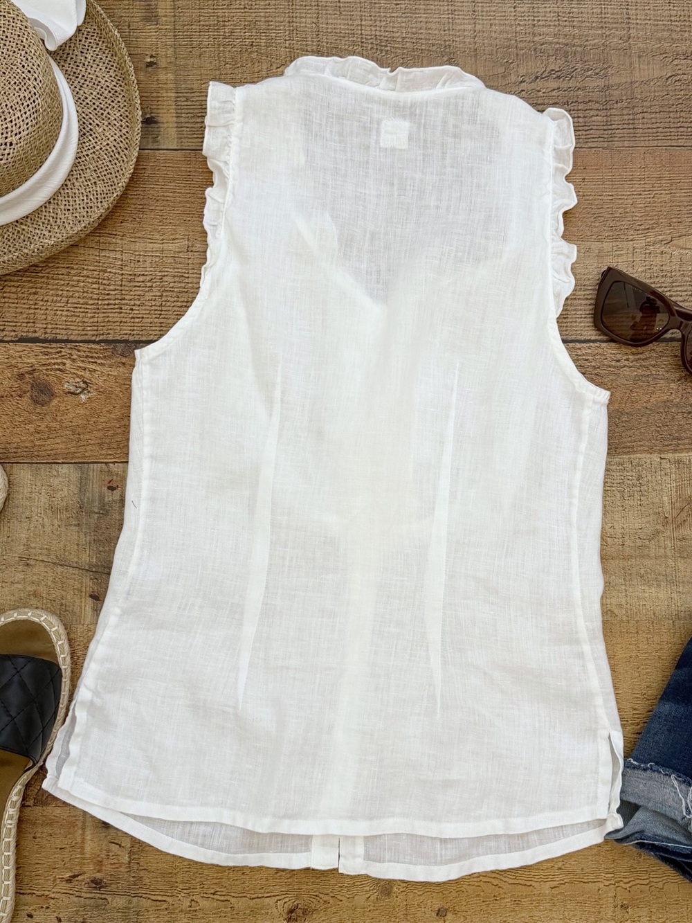 White Ruffle-Trim Sleeveless Button Front Blouse by 120% LINO - Picture 5 of 8